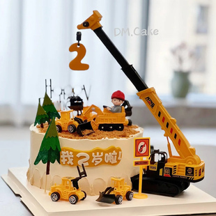 挖掘机吊车蛋糕装饰工程车推土机红绿灯小男孩儿童生日蛋糕摆件