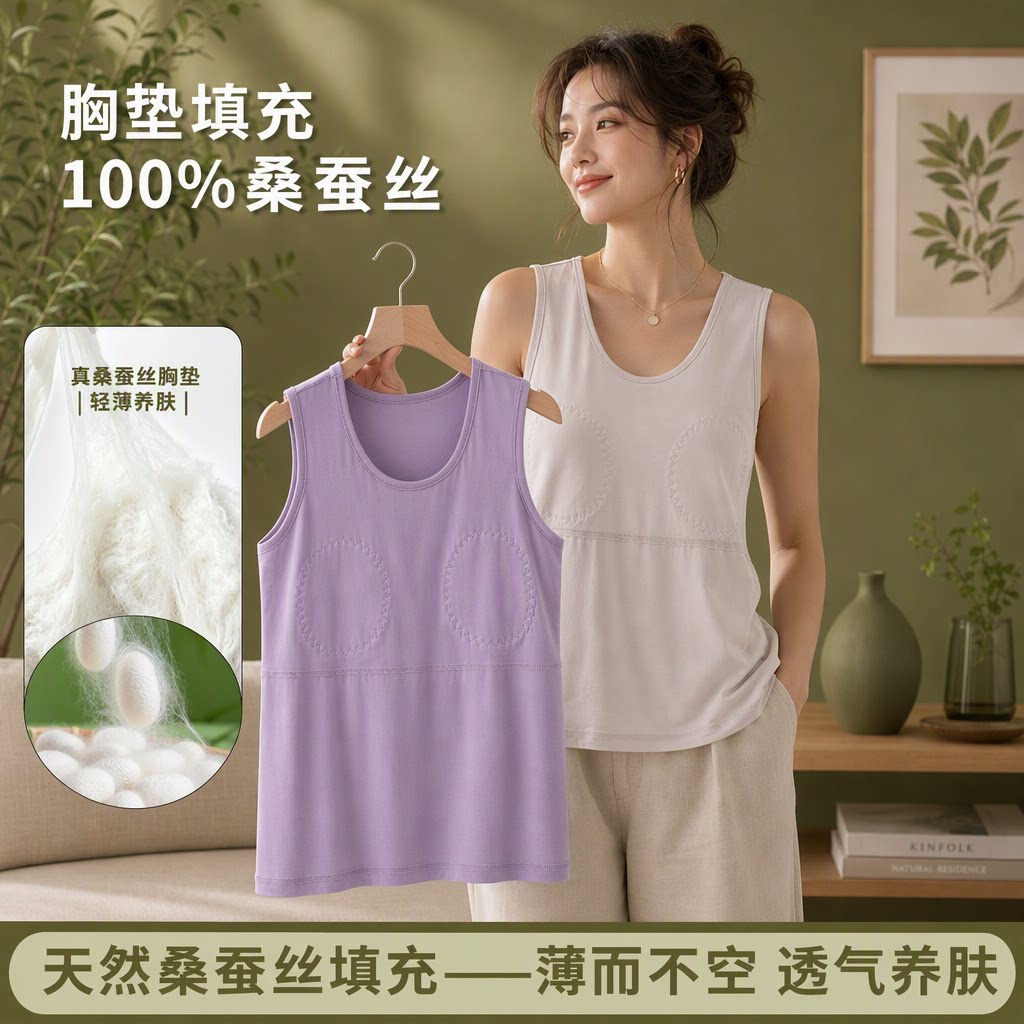 恒源祥100%桑蚕丝防凸点背心女外穿胸垫一体简约风透气养肌背心夏