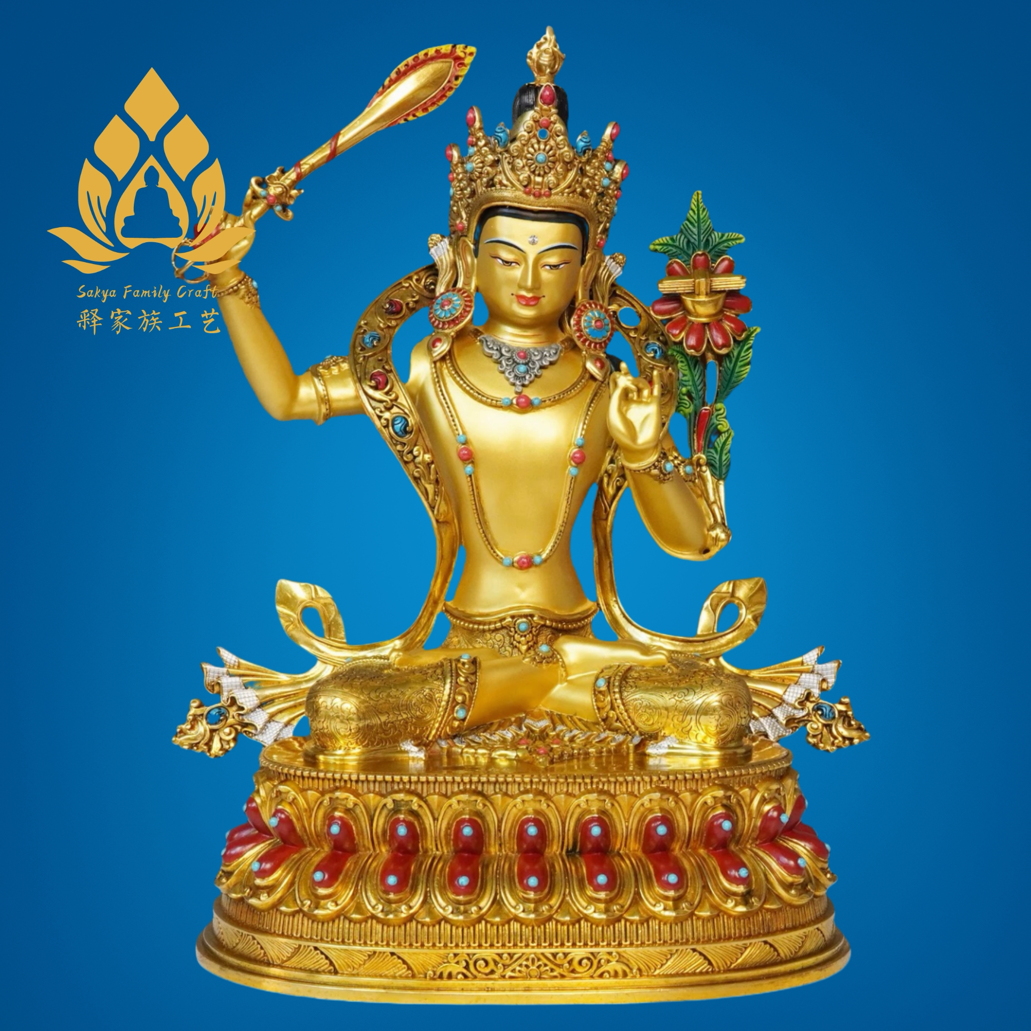 尼泊尔进口文殊菩萨佛像黄铜鎏金手工藏式桌面摆件密宗藏传菩萨像