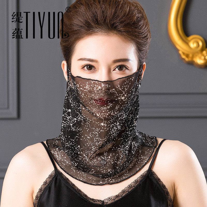 防晒面罩围脖女套头夏天护颈遮脸脸罩脖套真丝丝巾夏季桑蚕丝面纱