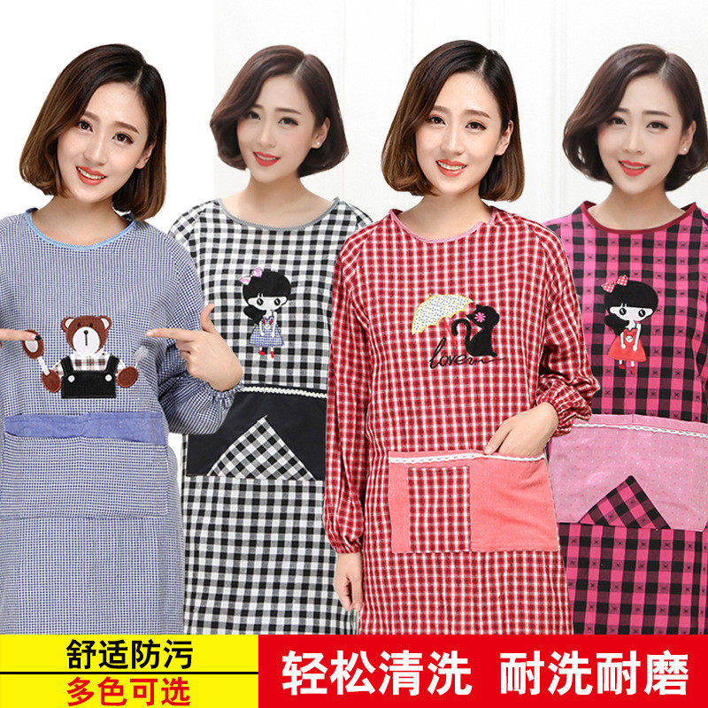 棉格子围裙厨房做饭围腰长袖棉麻罩衣成人劳保亚麻工作服