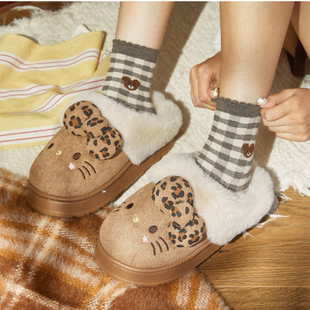 冬款新款豹纹HELLO KITTY女款卡通棉拖鞋居家室内毛绒绒舒适