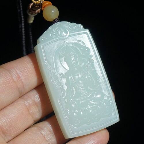 和田玉双面雕观音龙牌吊坠手工浮雕持莲观音祥龙玉牌男女白玉挂件
