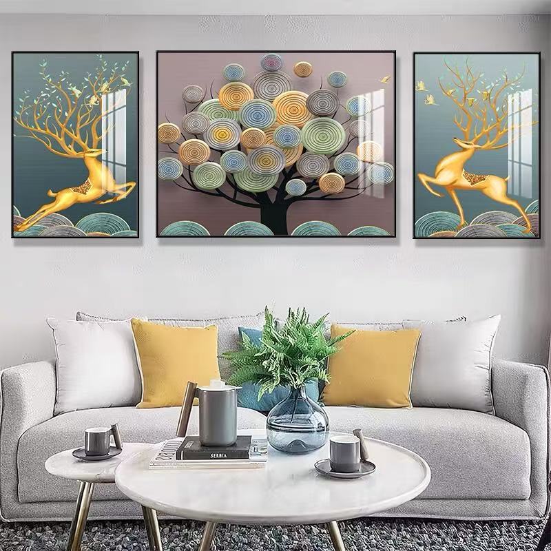 轻奢客厅装饰画现代简约沙发背景墙挂画壁画晶瓷镶钻画三联画墙画图片