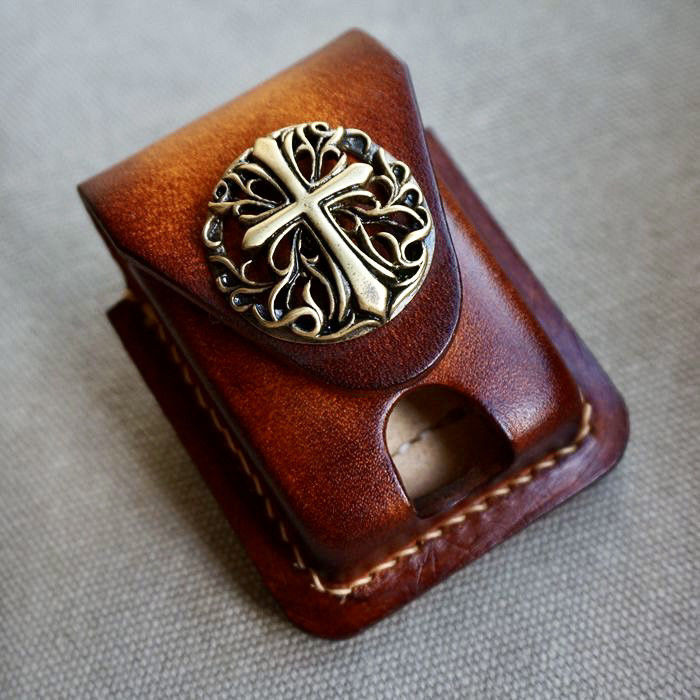手工皮具打火机皮套加厚植鞣牛皮纯铜装饰扣Zippo
