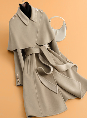 双面羊毛大衣女中长款收腰赫本风职业斗篷可拆卸im向毛呢外套秋冬