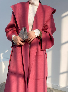 im向秋冬装红色新粮大衣女双面羊绒连帽中长款宽松羊毛呢子外套厚