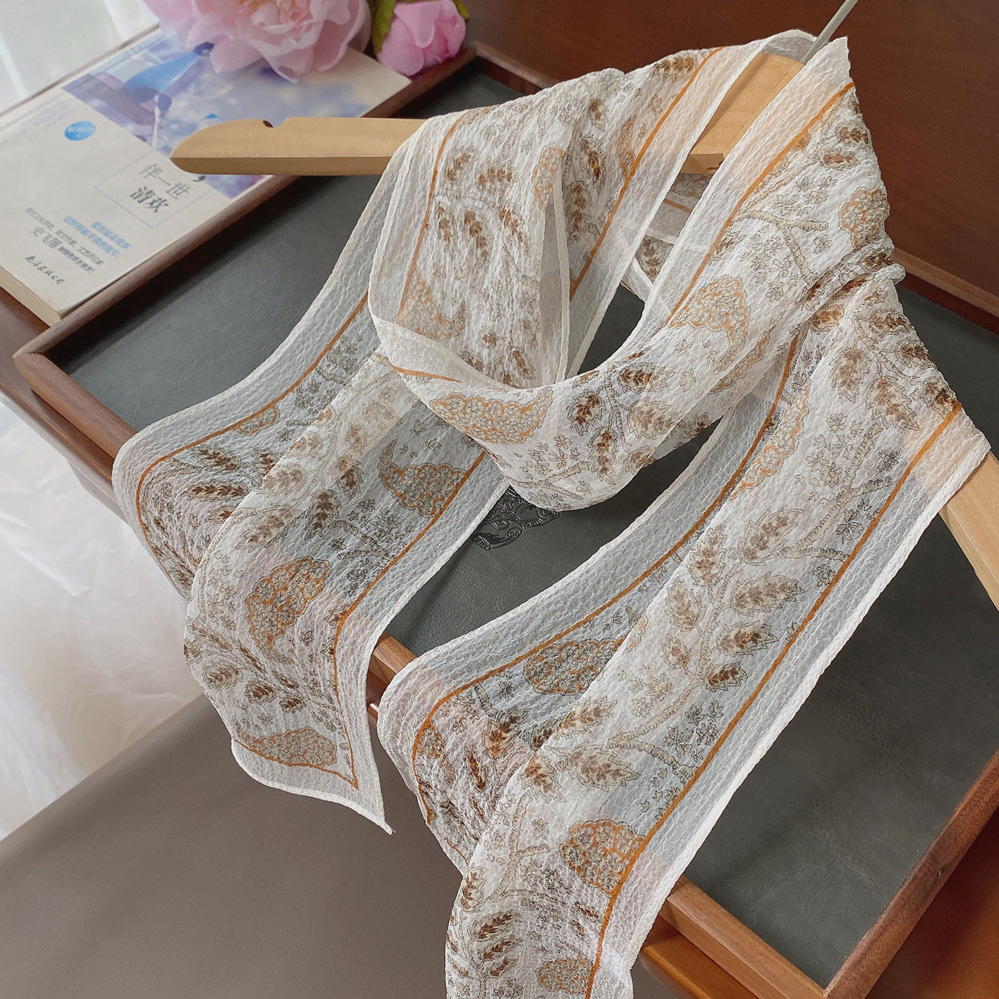 真丝印花长条丝巾女夏季薄款橘咖图片