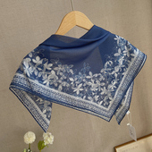 古典蓝色中国风秋冬棉质方巾70cm薄围巾女春秋护肩小披肩丝巾新款