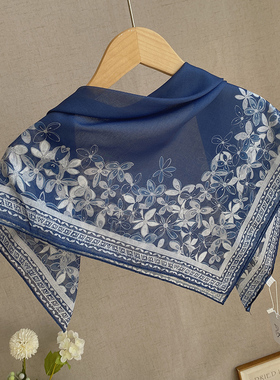 古典蓝色中国风秋冬棉质方巾70cm薄围巾女春秋护肩小披肩丝巾新款