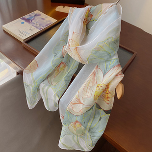 淡烟绿荷花国风小丝巾妈妈春秋旅游拍照纱巾女夏季防晒披肩薄围巾