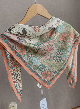 复古文艺气质女真丝+纯棉70方巾春秋素雅花卉亲肤丝巾秋冬霞光粉