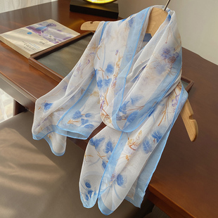 清爽蓝白色叶子印花春秋薄丝巾女四季适用小围巾清透春夏防晒披肩