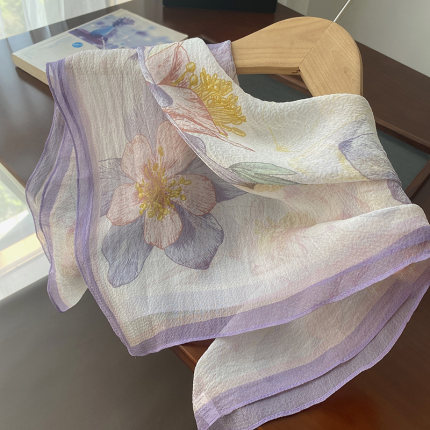 彼岸布舍四季适用薄纱淡雅印花70真丝小方巾女春秋护颈防晒丝巾