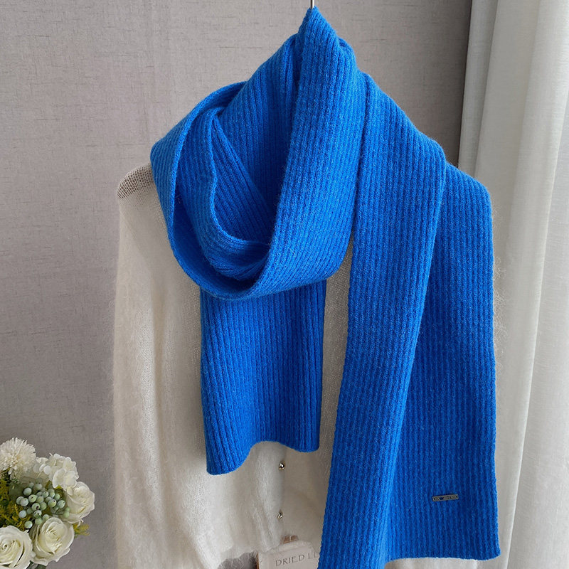 极简风日常休闲百搭毛线围巾 含羊毛冬季女保暖加厚针织围脖蓝色