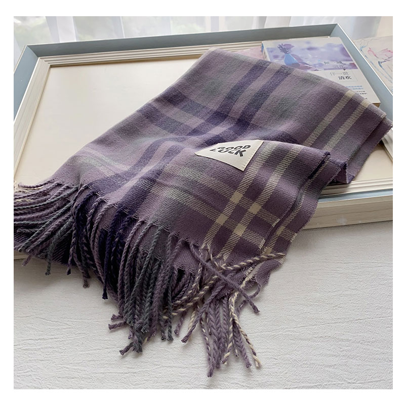 青莲紫色格子秋冬厚款韩版女围巾