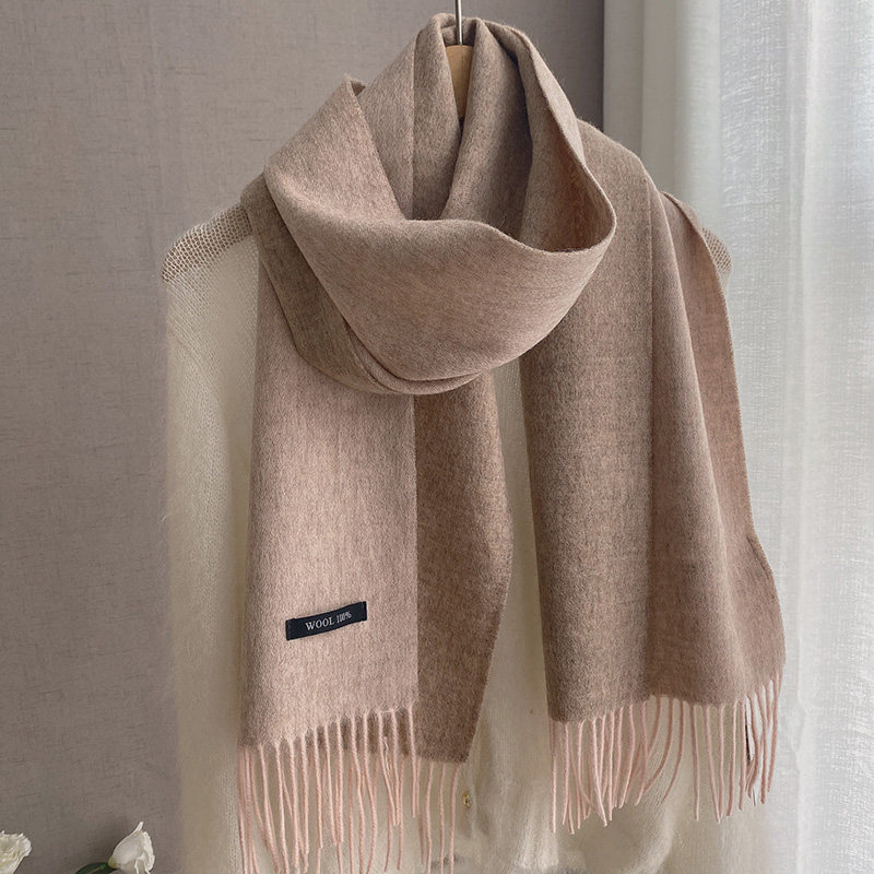 蓝灰拼色双面100%羊毛围巾出口韩国薄款百搭秋冬季流苏护颈围脖女