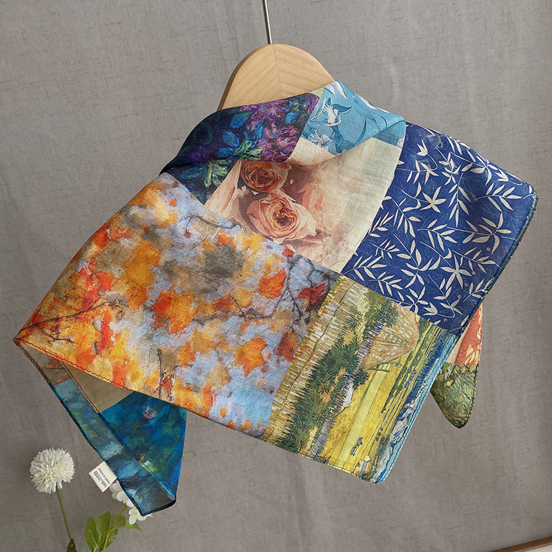 秋天氛围感文艺气质印花丝绵方巾