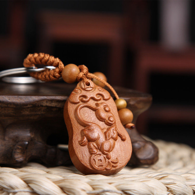 桃木十二生肖钥匙扣挂件保平安生肖汽车钥匙扣守护神葫芦形~现货