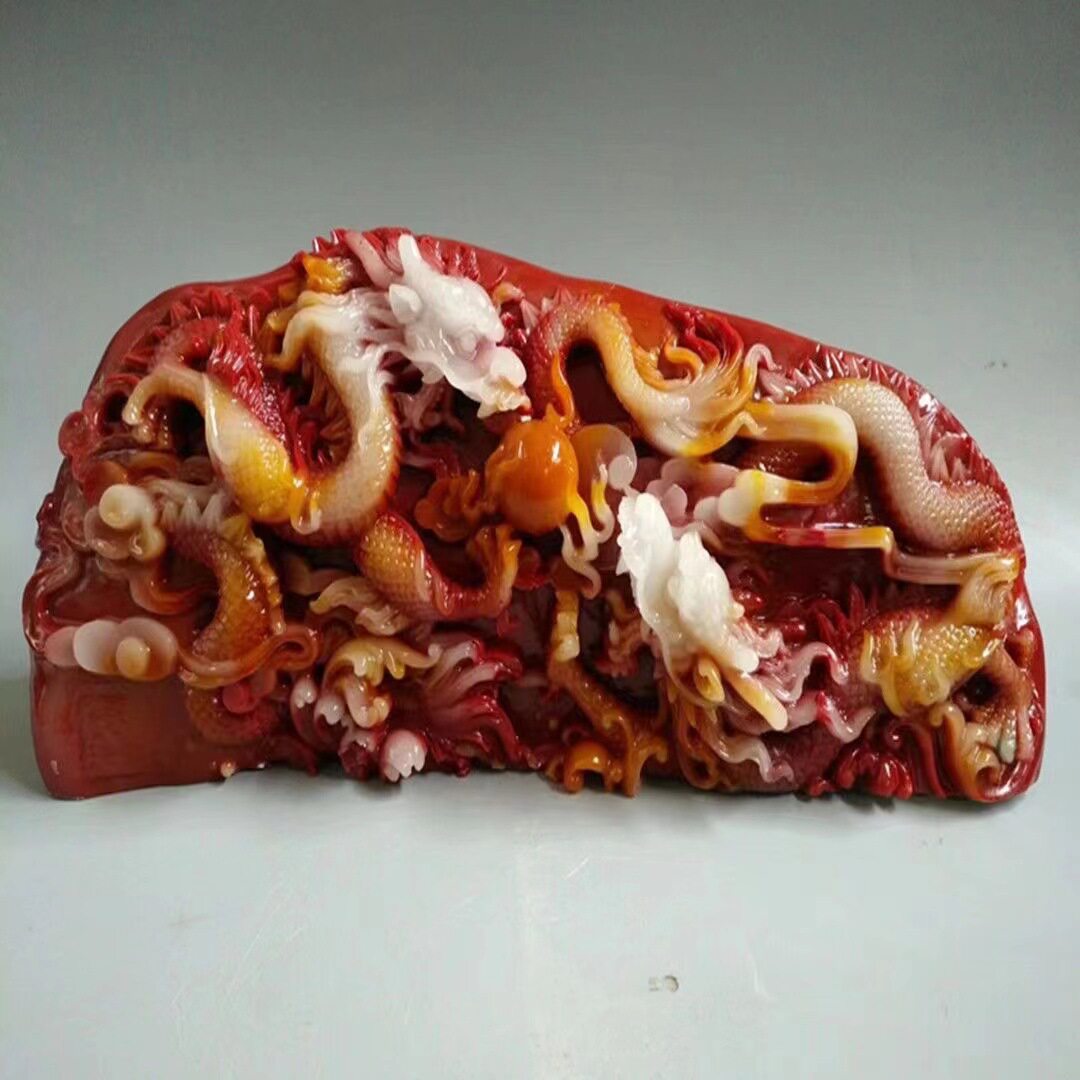 玉石二龙戏珠摆件寿山石芙蓉石工艺品奇石原石石雕居家办公乔迁送