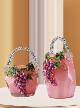 珐琅彩轻奢花瓶创意家居摆件客厅仿藤编手提提篮柔情鲜花篮花瓶