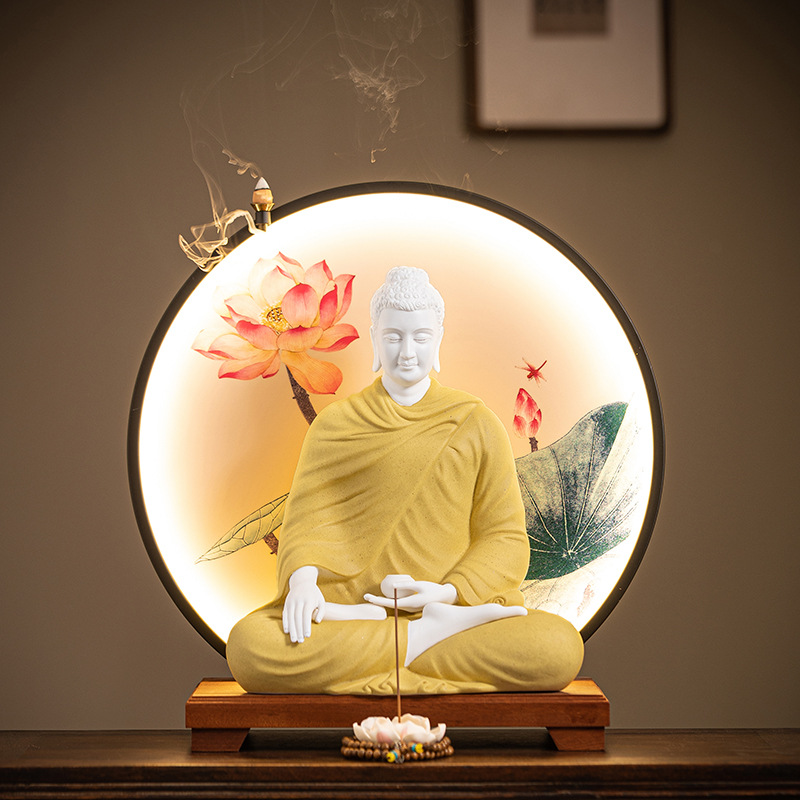 创意如来佛像灯圈摆件陶瓷释迦摩尼客厅办公室创意玄关禅意装饰品