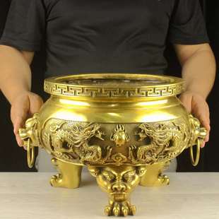 纯黄铜大号龙纹香炉 三足狮头香熏炉烧香拜佛双耳炉