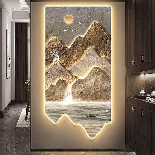 福宁公馆九鱼流水生财玄关装饰画带灯新中式发光山水灯光画走廊过