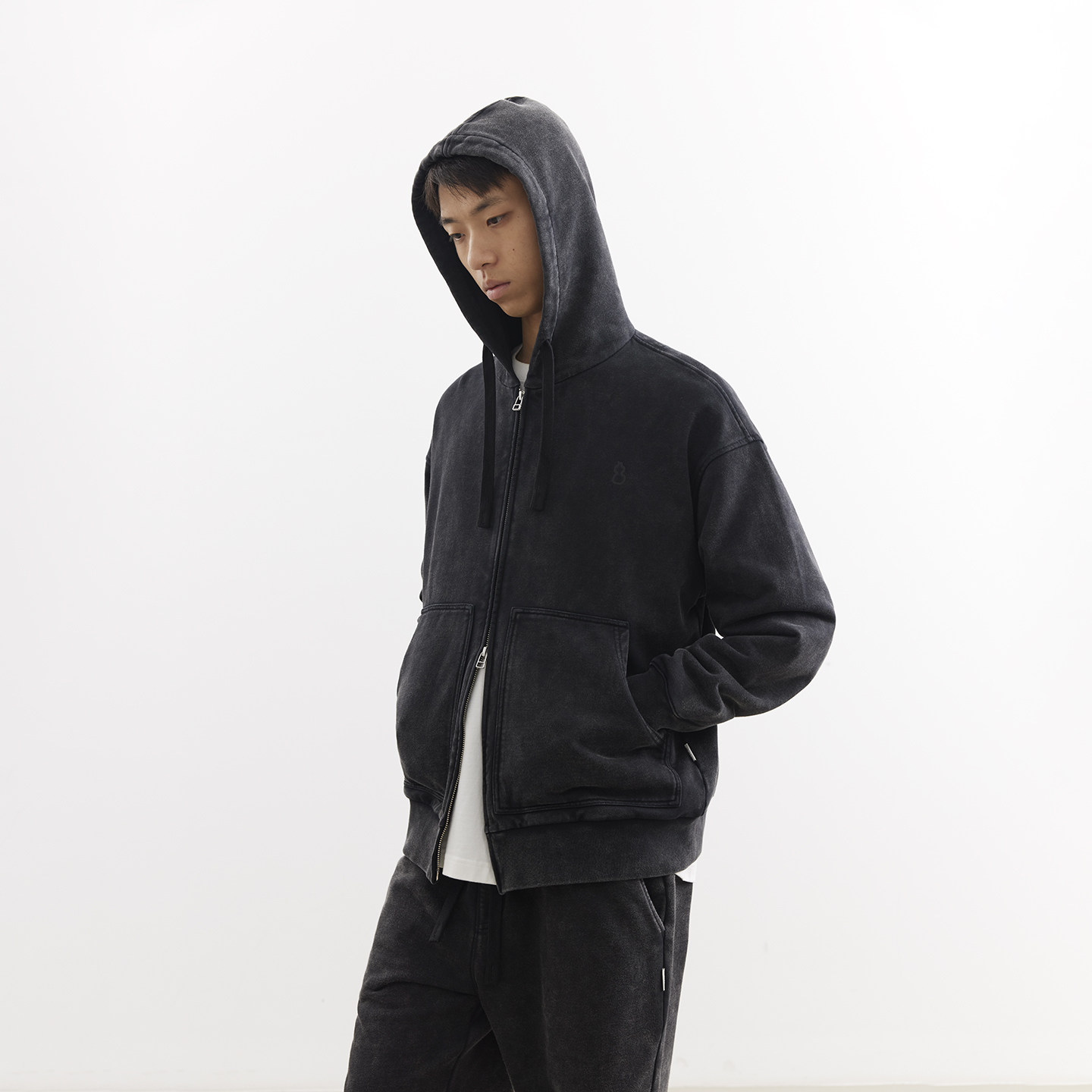 吃茶去chichaqu25重磅洗褪做旧带帽拉链卫衣复古宽松街头休闲运动