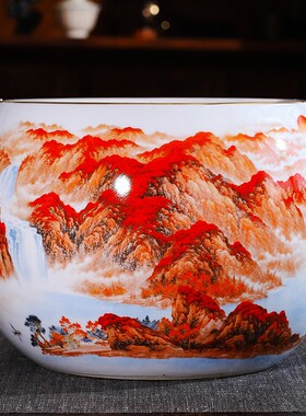 景德镇陶瓷器鸿运当头聚宝盆摆件中式家居饰品客厅玄关养鱼缸储物