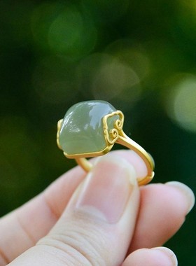 原创纯银祥云和田女士气质简约复古优雅开口玉石戒指指环戒