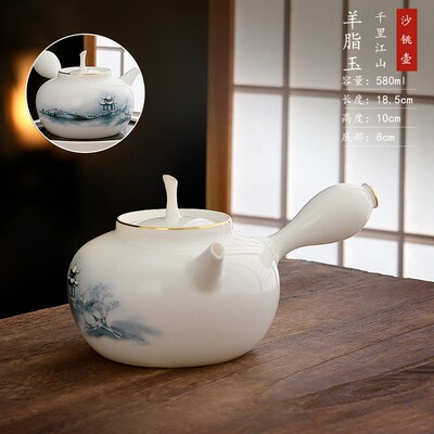 潮州羊脂玉瓷砂铫壶泡茶家用白色电陶炉煮茶壶响盖卡盖侧把烧水壶