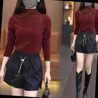 半高领长袖打底衫女秋冬2025新款枣红色上衣高级感烫钻修身打底衣