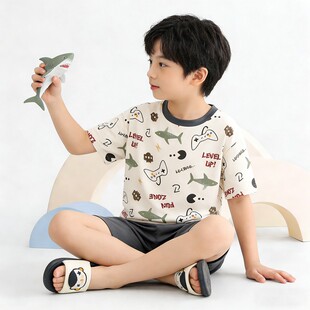夏男孩居家睡衣外穿女童凉感 套装 儿童纯棉a类运动两件套短袖 短裤