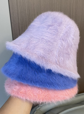 网红兔毛渔夫帽显脸小女秋冬百搭素颜遮脸盆帽保暖毛绒水桶帽紫色