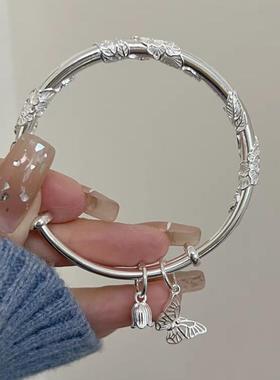 古风花丝银手镯女小众设计刻字礼物繁花似锦镀银镯子