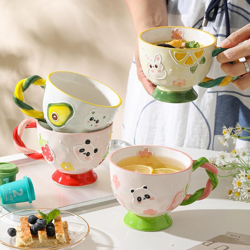 早餐手柄碗日式家用陶瓷碗带把手儿童汤饭粥碗创意手绘可爱小号碗