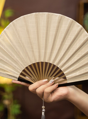 纯色贝壳扇子复古折叠小扇子棉麻布便携女配旗袍古风夏天纳凉竹扇