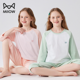 猫人儿童睡衣纯棉女大童空调居家服初中生女孩2026新款 青少年夏天