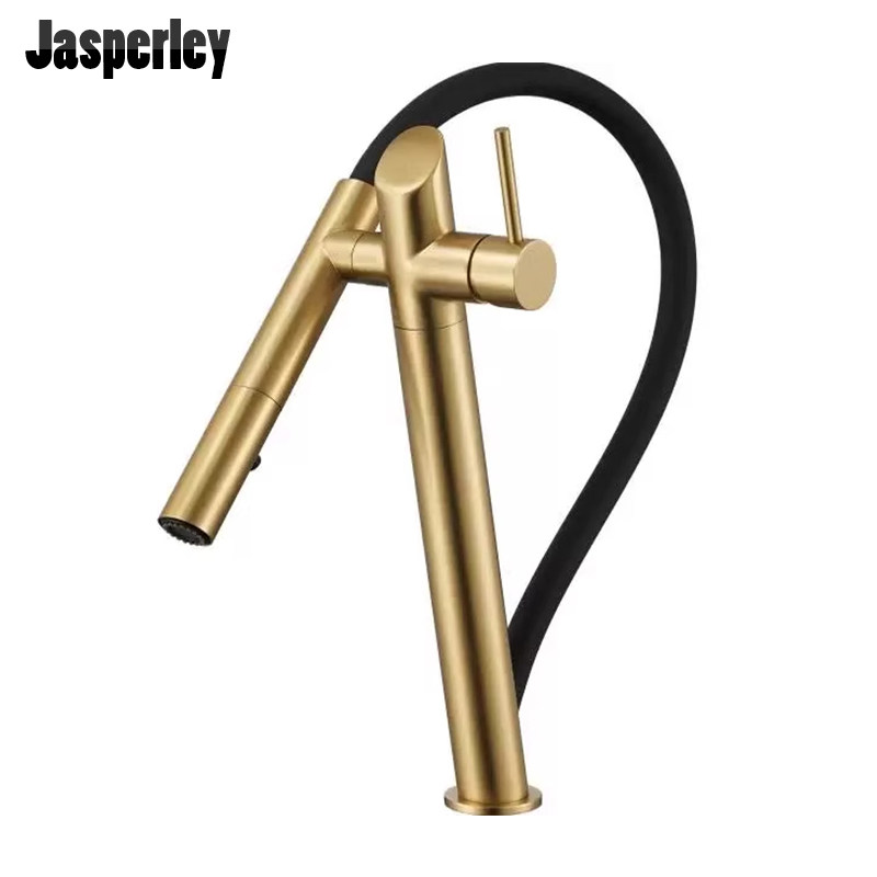 Jasperley拉丝金厨房抽拉旋转冷热水龙头台上盆伸缩简易