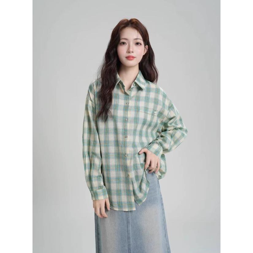 法式绿色格子衬衫外套女