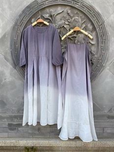 亚麻渐变色长款连衣裙夏季新款女仙气飘飘复古文艺宽松吊带两件套