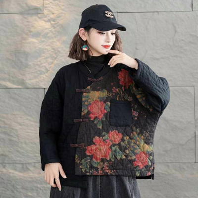 复古盘扣国风亚麻棉服斜襟印花个性2024冬新款女上衣宽松休闲棉袄