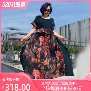 十地真丝连衣裙2022新款夏女复古双色拼接前后穿洋气遮肚妈妈长裙