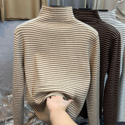 儿童秋冬季半高领加厚内搭条纹长袖T恤打底衫男女童德绒保暖上衣