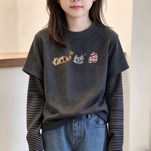 秋冬女童条纹儿童半高领打底衫潮假两件保暖内搭长袖T恤德绒上衣