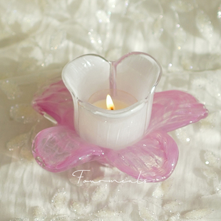 《粉琉璃》法式花朵烛台中古香薰蜡烛托台粉色摆件底座玻璃小众
