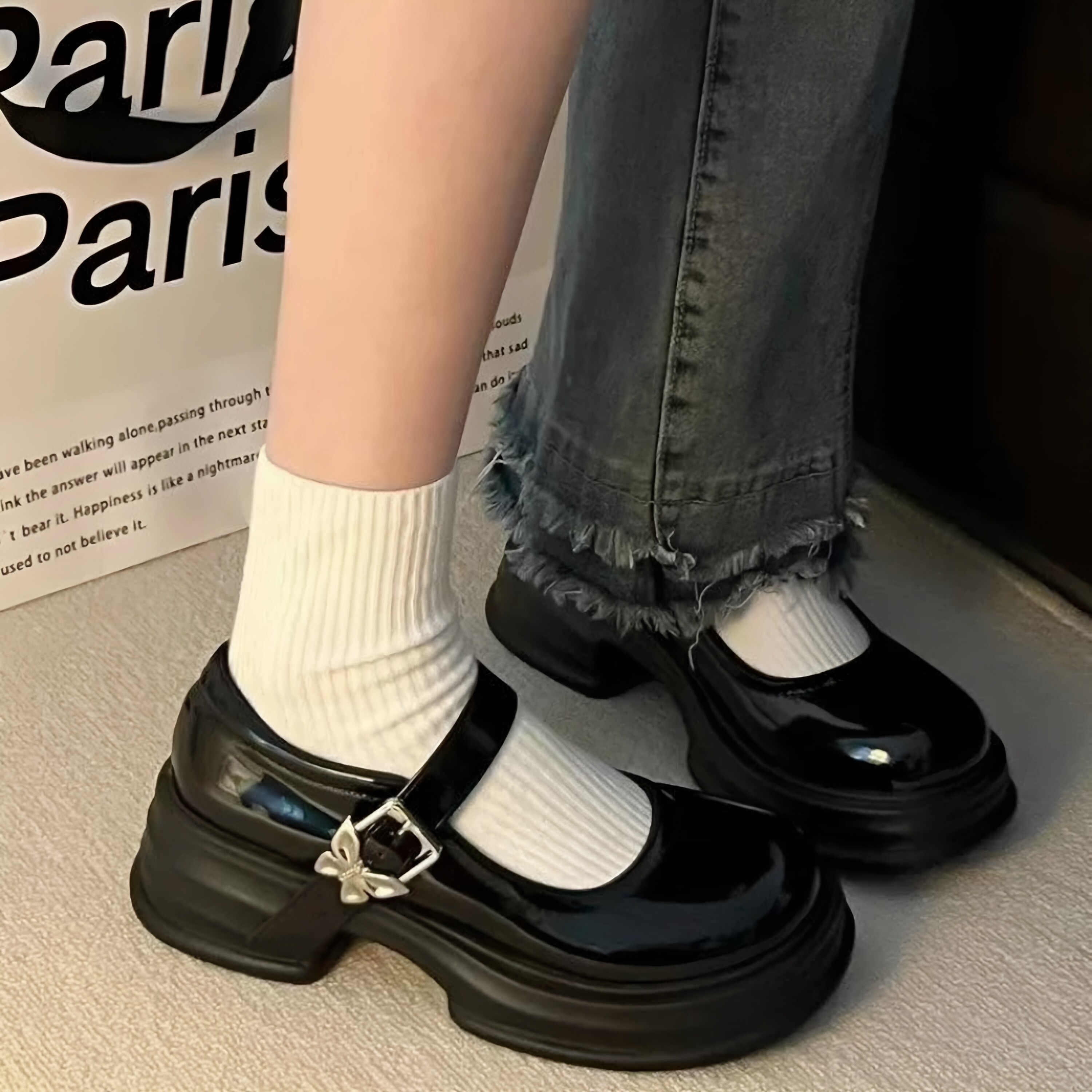日系厚底增高小皮鞋女2026新款春夏季百搭配裙子蝴蝶玛丽珍单鞋子