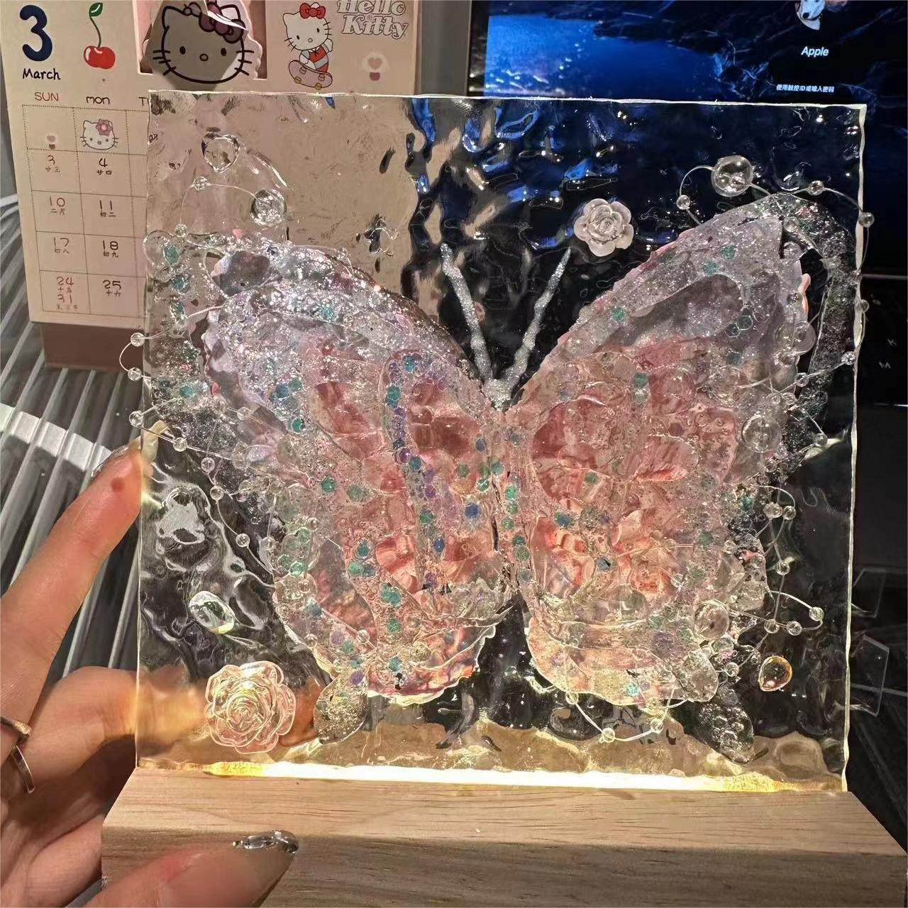 创意DIY立体梦幻蝴蝶手工制作水波纹玻璃画小夜灯送闺蜜女友礼物