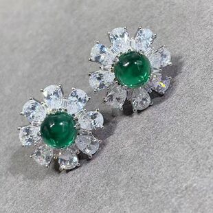 18K白金莫桑石太阳花绿钻耳钉时尚奢华纯银超闪精致女轻奢晚宴